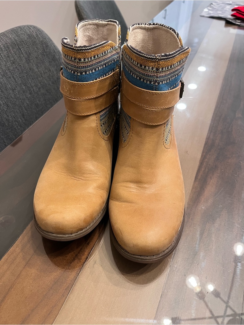 Women's Tan Ankle Boots with Blue Patterned Cuff